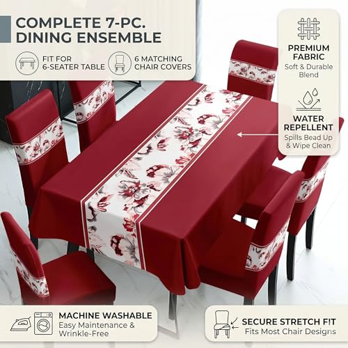 Image of Styleys Dining Chair Cover with Table Covers for Kitchen Waterproof Dining Table Cloth (1 Table Cover + 6 Chair Cover, Floral Wine, K722)