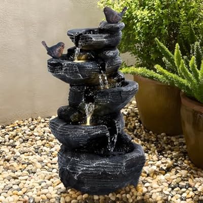 curfair 5-Tiers Cascading Rock Water Fountain Outdoor Garden Fountain with LED Light, Outside Pond Water Features Fountain, Garden Waterfall Decor for Patio, Backyard, Porch Black