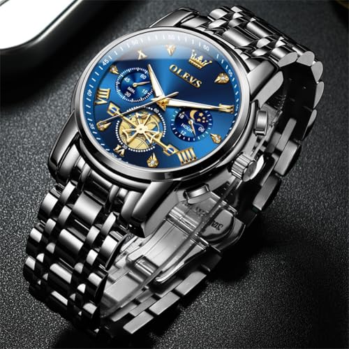 Image of OLEVS Watch for Man Analog Quartz Skeleton Chronograph Diamond Watches Stainless Steel Moon Phase Calendar Waterproof Dress Watches