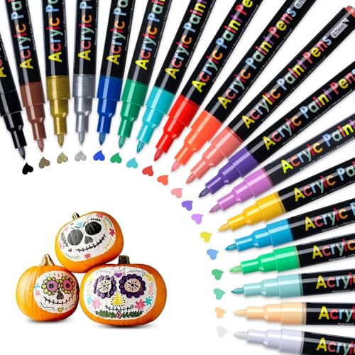 Acrylic Paint Pens Paint Markers Set of 18: Fine Point for Rock Painting Glass Wood Ceramic Fabric Metal Canvas Easter Eggs Pumpkin Kit, Drawing Art Crafts for Adults Scrapbooking Supplies