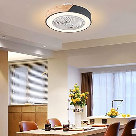 OUKANING Enclosed Ceiling Fan with Light, LED Remote Control 3 Colors Lighting Modes, Invisible Acrylic Blades Wooden Semi Flush Mount Low Profile Fan（22 Inch） (Round Black) Cover