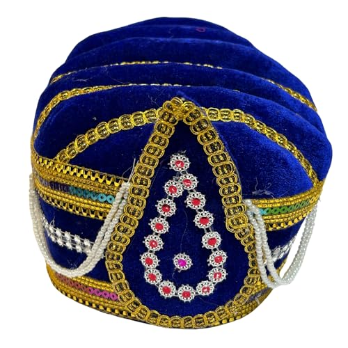 Image of Kaku Fancy Dresses Akbar Mughal King Pagdi Turban Safa Traditional Royal Headgear for Kids | Fancy Dress Costume Accessory for Historical Plays & Cultural Events - Blue