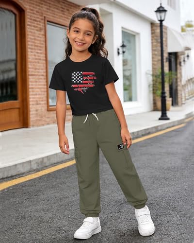 Image of Betusline Girls Fall Winter Clothing Sets, Long Sleeve Crop Top & Cargo Jogger Pants 2 Piece Outfit Sets,4T-14Y