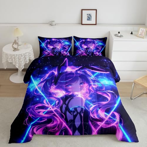 Image of Erosebridal 3D Anime Kids Bedding | Japanese Girl Full Comforter Sets,Girly Galaxy Stars Comforter Purple Neon Duvet Insert with 2 Pillow Cases