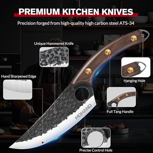 MDHAND Butcher Knife Set, Hand Forged Viking Kitchen Serbian Chef Knife Set with Roll Bag, Heavy Duty Meat Cleaver & Brisket Knives & Meat Cutting Knife for BBQ, Outdoor Camping, Gifts for Men Women - Image 4