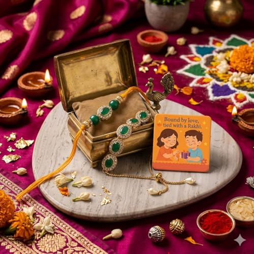 Image of SAUDEEP INDIA Decorative Fridge Magnet for Refrigerator Decor | Free Green Stone Couple Lumba Rakhi Set for Bhaiya Bhabhi | Raksha Bandhan Gift Combo Festive Home Decor