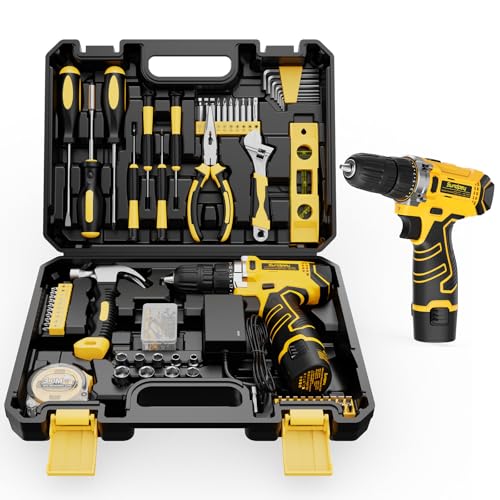 Sundpey Home Tool Kit with Drill - 166-Piece General Basic Home Repair Tool Set with 12V Cordless Power Drill & Battery & Charger & Portable Tool Box for Garden Office House Apartment Repair Men Women