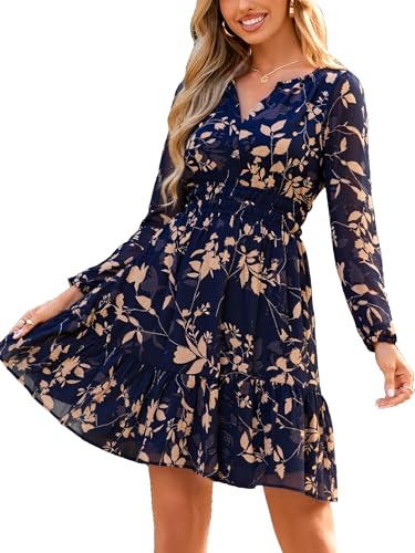 Image of Simplee Womens Spring Floral Mini Dress Long Sleeve Boho Chiffon Short Dress Casual Flowy Fall Wedding Guest Dresses