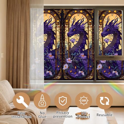 Image of Nuxovilar Stained Glass Window Film Dragon Floral Pattern PVC 17.7 x 39.4 Inches Window Clings for Glass Panel Privacy Decor for Game Room Study Entry Door