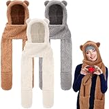 Coume 3 Pack Winter Fleece Women Bear Ear Sherpa Hooded Scarf Hat Gloves Hooded Scarf Ear Protection Windproof Cap(Mixed Color)