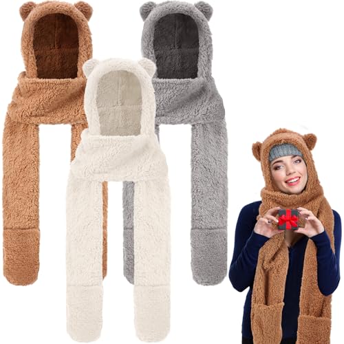 Coume 3 Pack Christmas Winter Fleece Women Bear Ear Sherpa Hooded Scarf Hat Gloves Hooded Scarf Ear Protection Windproof Cap - Main Image
