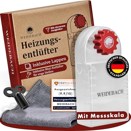 WEIDEBACH Heizungsentlüftungsschlüssel mit Auffangbehälter (140ml) Heizungsentlüfter inkl. Mikrofasertuch & Mini Entlüftungsschlüssel für enge Zwischenräume Entlüfter für jede Heizung breite Form