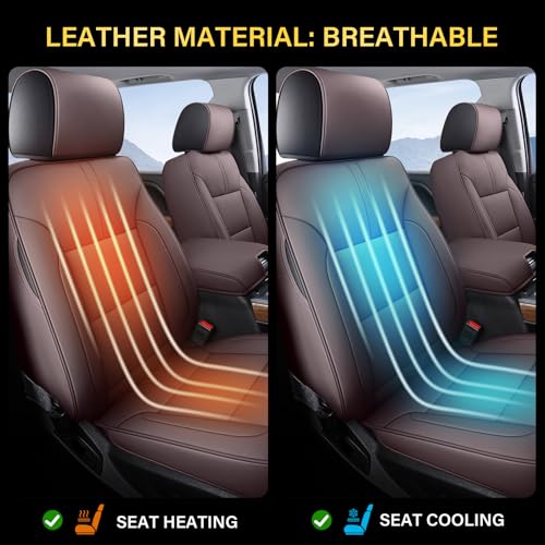 Image of Coverado Chevy Silverado Seat Covers, Leather Car Seat Covers Custom Fit for Chevy Silverado GMC Sierra 2014-2018 1500, 2015-2019 2500HD 3500HD (Full Set, Brown)