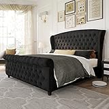 AMERLIFE Queen Size Platform Bed Frame, Velvet Upholstered Sleigh Bed with Scroll Wingback Headboard Footboard/Button Tufted/No Box Spring Required/Easy Assembly/Black