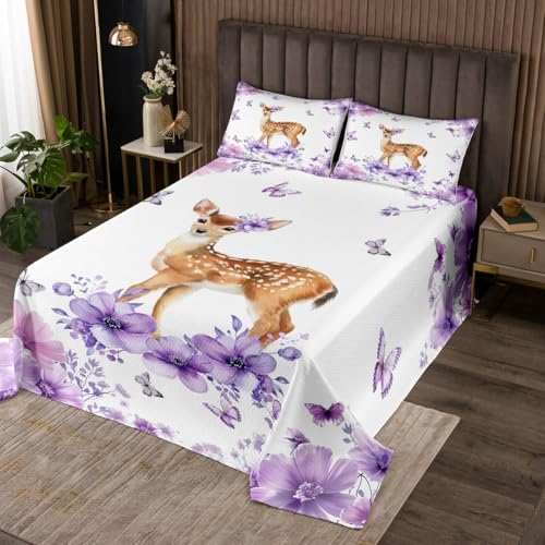 Erosebridal Elk Deer Coverlet Set,Oil Painting Animal Quilt Set Twin Size for Kids Boys Girls,Purple Floral Bed Cover Bedroom Decor,Flying Butterfly Bedspread Set
