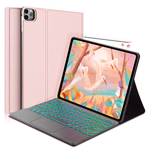 Touchpad Keyboard Case for iPad Pro 12.9 2021 4th Gen 2020/3rd Gen 2018 [Support Apple Pencil Charging]-Detachable-7 Color Backlit Touchpad Keyboard-Ultra Slim Folio Protective Cover -Rose Gold