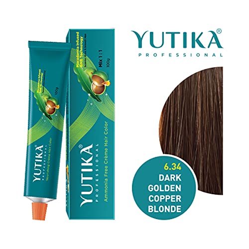 Image of YUTHIKA Professional Creme Hair Colour Dark Golden Copper Blonde 6.34 100g | Permanent Hair Dye | Salon-Grade Lightening | Silky, Long Lasting | For Women & Men