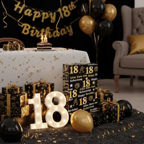 Ovanda Geschenkpapier Schwarz Gold, 18 Happy Birthday Wrapping Paper Jumbo Size 70 * 50cm, 5 Sheets Happy Birthday Paper With, Geschenkpapier Rolle, Geschenk Papier für Girls Boys Women Men Kids