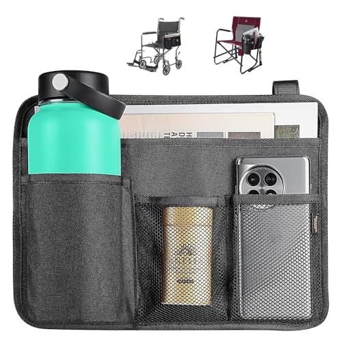Desing Wish ビーチチェアアームオーガナイザー 大容量 車椅子サイドバッグ 多機能 収納バッグ 4つのポケット付き オーガナイザー チェアサイド収納袋 レジャーチェア ウォールポケット アウトドアチェア車いす付属品 耐摩 便利 軽量 (1)
