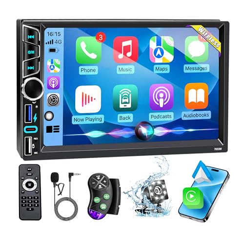 7' Double Din Car Stereo Compatible with Wireless Apple Carplay Android Auto|Bluetooth 5.2|180W Outputs|Subwoofer|FM|AM|USB|38W Fast Charge|Physical Knob|Backup Camera|Stereo for 7x4.02 2 DIN Size