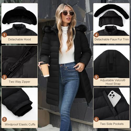 Women's Winter Puffer Coat Fleece Lined Thicken Jacket Mid-Length Hooded Waterproof Down Parka with Detachable Hood3