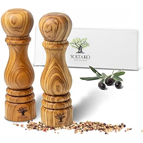SOLTAKO hochwertige Salz & Pfeffermühlen Set aus exklusivem Olivenholz | einzigartiges Design | Gewürzmühle mit Keramikmahlwerk aus Holz Cover