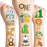 96 PCS Wild One Jungle Animal Pre-Cut Temporary Tattoos Sticker 1st First Birthday Decorations Party Supplies Favors Gifts Boys Girls Safari Zoo Cute Fake Tattoo School Reward Themed (Normal)