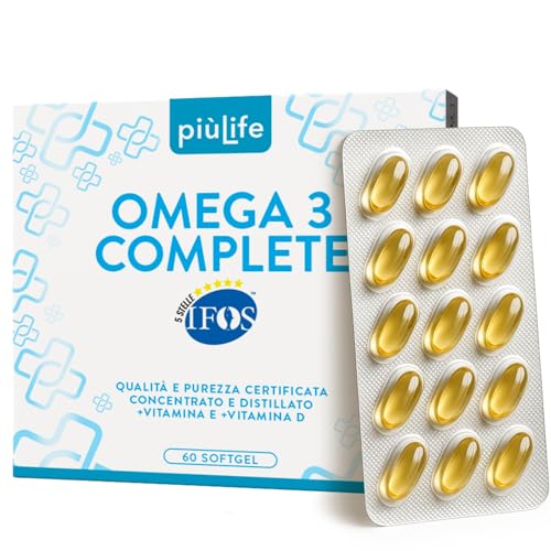 Omega 3 IFOS 5 Stelle Certificato Con Vitamina D3 2000 UI PiùLife, 60 Softgel 2000mg EPA, 1000mg DHA Dose, Olio di Pesce Omega 3 Capsule Fish Oil, Trigliceridi, Cuore, Vista, Ossa, Cervello