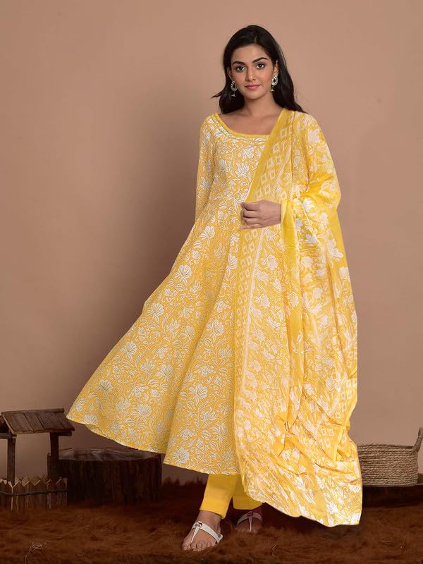 Pinkmint Women Cotton Blend Anarkali Floral Printed Kurta With Pant & Dupatta Yellow