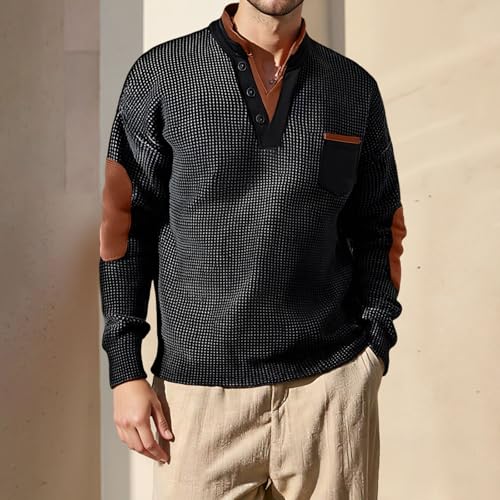 Men's Waffle Sweatshirt Casual Knited Long Sleeve Thermal Stand Collar Pullover Stylish Warm Cozy V Neck Shirts2