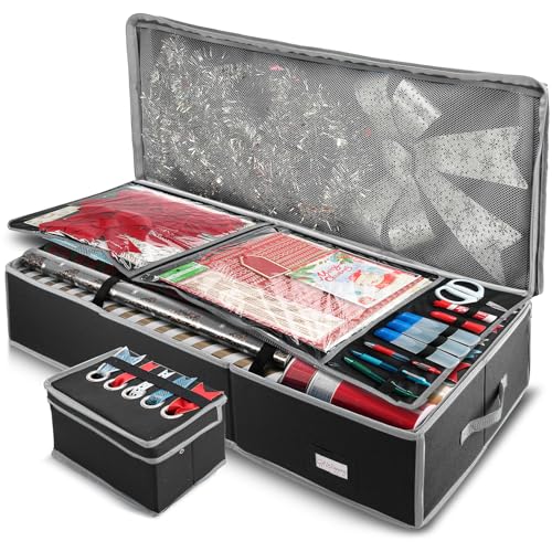 Image of Hearth & Harbor Wrapping Paper Storage Container with Ribbon Storage Organizer - Christmas Storage Bag with Extra Interior Pockets - Gift Wrapping Organizer Storage Fits Up to 26 Rolls of 40 inch Length