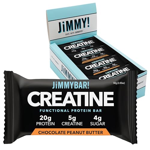 (NEW) JiMMYBAR! Creatine Protein Bar - 5g of Creatine Monohydrate + 20g Protein - High Protein Snack - Supports Muscle Growth, Strength & Recovery - Real Food Energy Bar for Athletes | Chocolate Peanut Butter | 1 Pack (12 Bars)