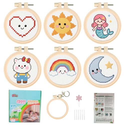 57lilina Kit Broderie Enfant 6 Pièces, Kit Canevas Point de Croix Enfant Debutant Complet Imprimé, Original Loisirs Créatifs Activité Manuelle Cadeau pour...