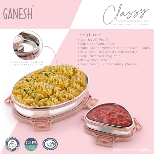 Image of Ganesh Classy Stainless Steel Lunch Box Container with Airtight Lid for Office & School Use /Food Grade /Air Tight /Easy to Carry /Leak Proof (800ml +150ml) Pink