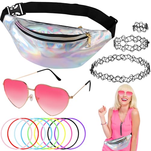 90s Outfit Damen, 90er Jahre Accessoires, 90er Jahre Retro Outfit mit Herz Sonnenbrille Rosa, Silber Bauchtasche, Halskette, Women Festival Hippie Accessoires für Neon Mottoparty
