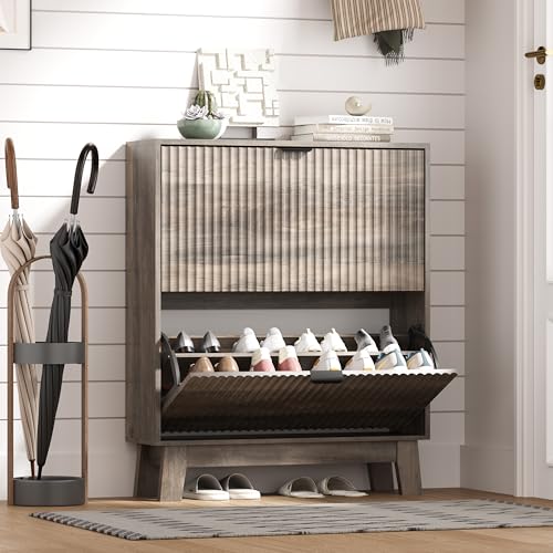 Image of HUANLEGO Shoe Cabinet Storage for Entryway with 2 Flip Drawers, Fluted Narrow Shoe Organizer with Wooden Legs, Freestanding Slim Shoe Storage Hidden Shoe Rack Organizer for Front Door Entrance, Grey