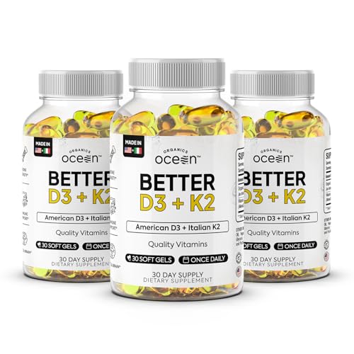 Image of Organics Ocean Better D3 + K2-100% Organic VIT D3 and K2 Supplements with Maximum Bioavailability - Supports Bone Density, Calcium Balance, Immunity & Mood - 3-Pack, 90-Day Supply