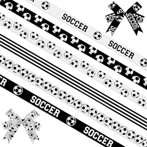 Estivaux 6 PCS Sports Soccer Ribbons for Crafting 3/8 Width Grosgrain Ribbon Black White Stripes Ribbon Soccer Ball Craft Ribbons for Sports Party Decor Sewing DIY Crafts Supplies