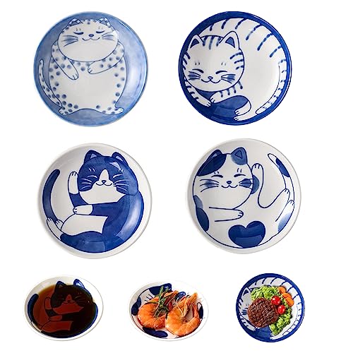 Tioeng 4 Pieces Japanese Sushi Sauce Small Cats Plates Set,Soy Sauce Dish,Mini Round Ceramic Cats Pattern Glazed Plate for Appetizer Plates Dessert Sushi Sauce Small Plate 3.9 x 0.7inch