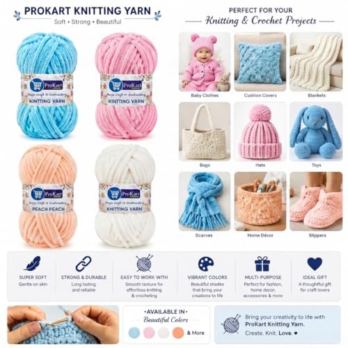 Image of ProKart - Blankie Plush & Cuddly Chenille Yarn for Knitting & Crochet | Super Soft Velvet Pastel Yarn for Blankets, Baby Toys & DIY Crafts | 100g, Pack of 4 (Light Blue, Baby Pink, White, Peach)