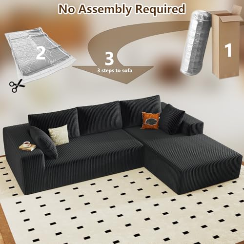 Image of 96 inch Modular Sectional Couch, Boneless L Shaped Cloud Sofa with Chaise Lounge, Corduroy Upholstered Couches Memory Foam Deep Seat, No Assembly Required, Ideal for Living Room(Black, Right Facing)