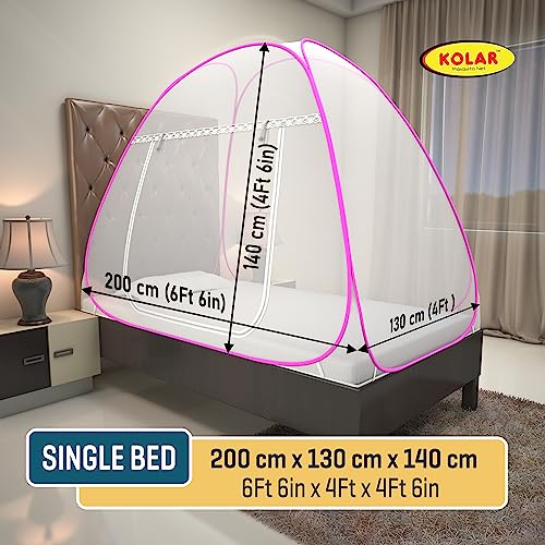 Image of KOLAR Supreme On Mosquito Net for Single Bed|Polyester 30 GSM|Foldable Machardani |Strong and Durable|Tent Type Corrosion Resistant - White Pink