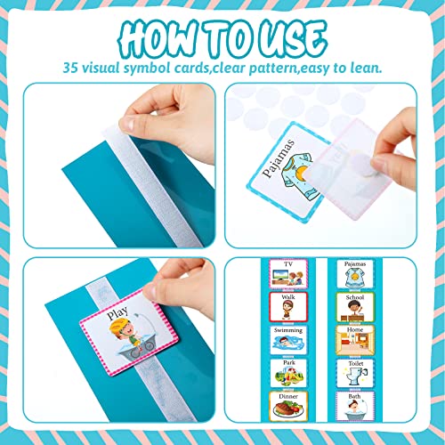 Visual 35 Pieces Schedule for Toddlers Autism Learning Materials Kids Routine Cards Visual Wall Planner, 2 Chore Chart Schedule Board for Home School, 2 Rough Strips, 35 Hook and Loop Dots(Cyan) - Image 6