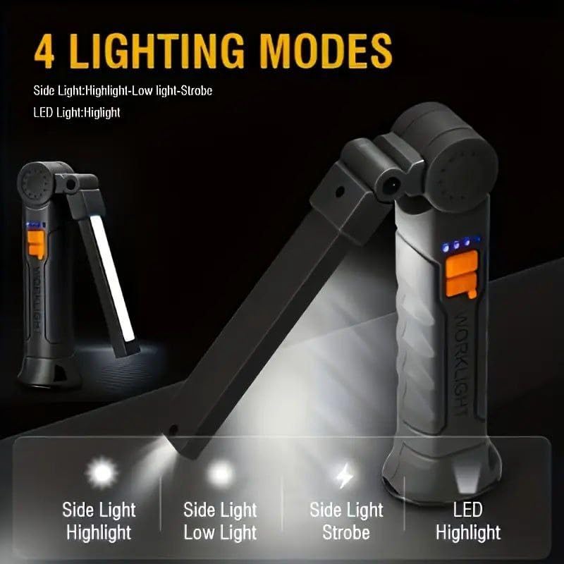 Image of 1Pack, Portable Rechargeable Magnetic LED 4Mode Work Light - Foldable 360 COB Lamp with USB Charging, Waterproof Inspection Flashlight for Mechanic, Garage, Home & Outdoor Use
