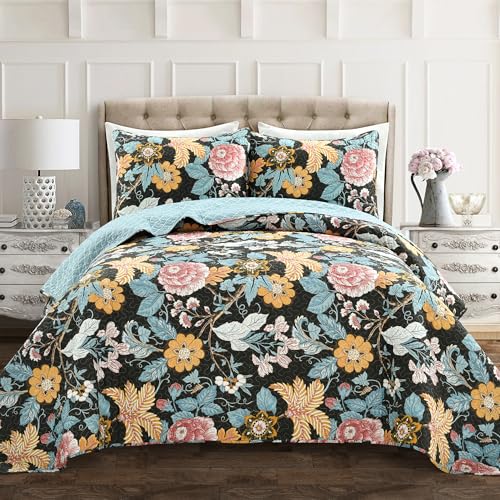 Image of Lush Decor Sydney Reversible Cotton Quilt Set, 3 Piece Set, Full / Queen, Black & Blue - Cotton Bedding Set - Black Floral Quilt - Cottage Decor - Bedding Queen Size
