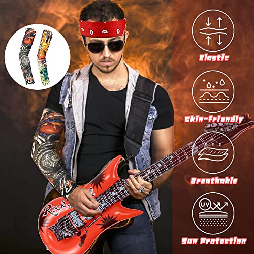 Dreamtop 10Pcs Punk Rockstar Fancy Dress Gothic Rocker Costume Set Rock Star Accessories with Gloves Sunglasses Bandana Tattoo Sleeves Bracelet Ring Inflatable Guitar Microphone - Image 3