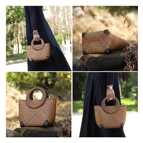 Bolso artesanal de mujer tipo tote de rafia con asa redonda miniatura 2