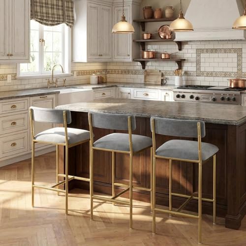 Conjunto de 4 butacos Garvee para barra, tapizados, con respaldo y reposapiés, asiento más ancho, para isla de cocina o comedor, fácil ensamblaje, dorado miniatura 1