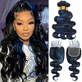 ALHER Black Mix Midnight Blue Bundle with 4x4 Closure Human Hair Body Wave, Balayage 100% Virgin Remy Hair 3 Bundles with 4x4 Lace Closure (#1B/Blue,12 14 16+12 Inch)