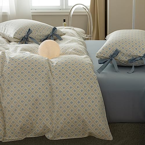 VM VOUGEMARKET White Blue Duvet Cover Twin Garden Style Blue Flower Duvet Cover 100% Cotton Grid Comforter Cover with 2 Bow Ties Pillowcases Botanical Cottagecore Bedding Sets